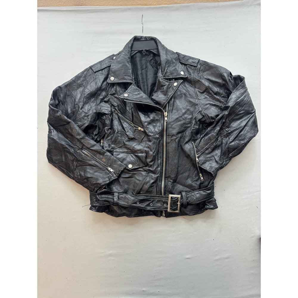 Flight Path Mens Black Patchwork Leather Motorcycle Biker Jacket Medium Belted